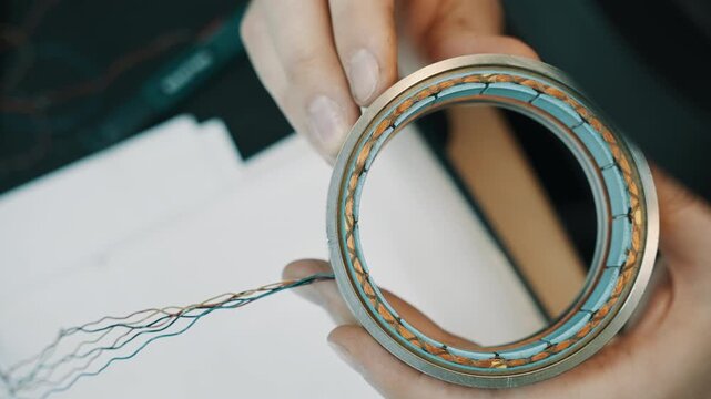 Close-up of a technician holding a circular stator coil with copper windings and blue insulation, inspecting an electric motor component with exposed lead wires in a workshop