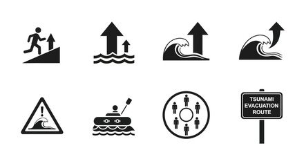 Fototapeta premium Tsunami Warning and Evacuation Icons Set