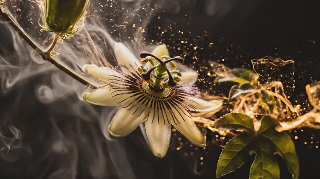 Passion flower with ethereal smoke and gold glitter on black