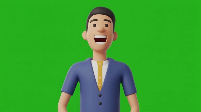 3D render animation of a cheerful young man cartoon character smiling and talking excitedly looking at camera with open mouth isolated on green screen chroma key background