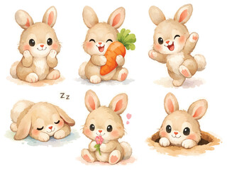 Fototapeta premium Cute Watercolor Rabbit Character Set – Playful Cartoon Bunny Illustrations with Soft Pastel Brush Texture for Children’s Art, Nursery Decor, Stickers, Greeting Cards and Creative Branding Projects