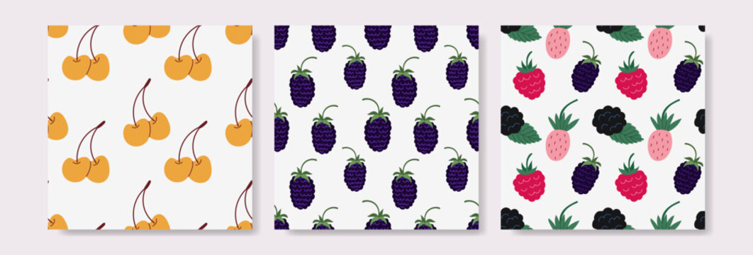 Cute berries pattern set including cherries, blackberries, and mixed berries