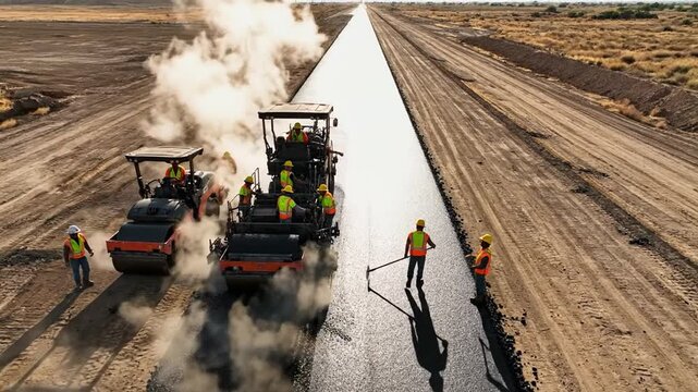 Workers Pave a New Asphalt Road Under the Sun with Steaming Machinery and Heavy Equipment