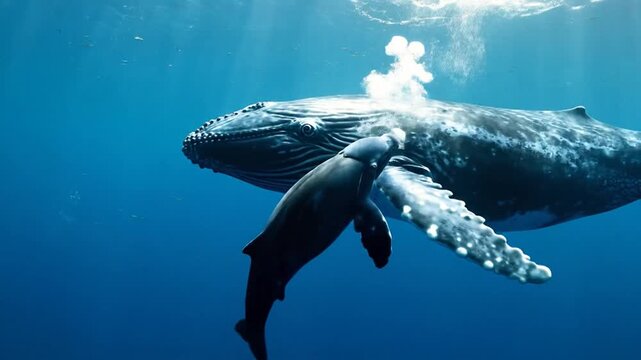 A Majestic Mother Whale and Her Calf Swim Together in the Deep Blue Ocean Waters