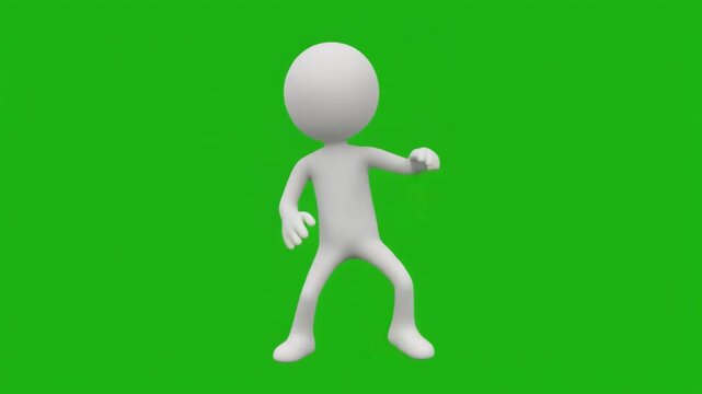 3D White Stick Figure Dancing Happily and Celebrating Success Isolated on Chroma Key Green Screen Background Loopable Footage