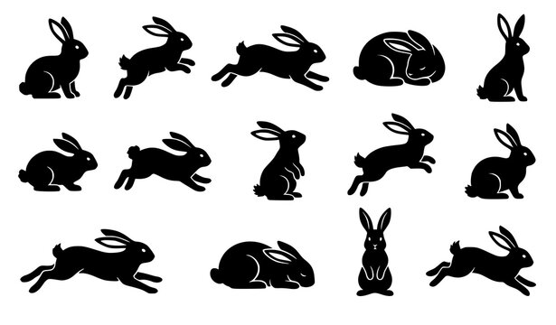 Black rabbit vector icon set isolated on white background with modern bunny silhouettes