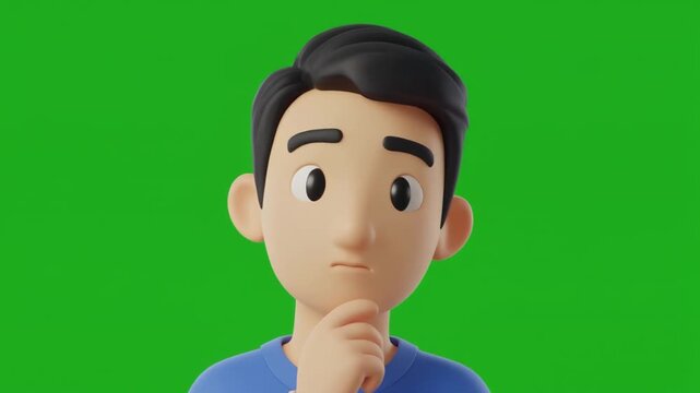 3D Young Man Character Thinking and Contemplating a Problem or Creative Idea on Chroma Key Green Screen Background