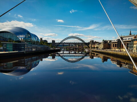 Newcastle, Tyne and Wear, England, UK - August 2020: Tyne Bridge from Gateshead footbridge