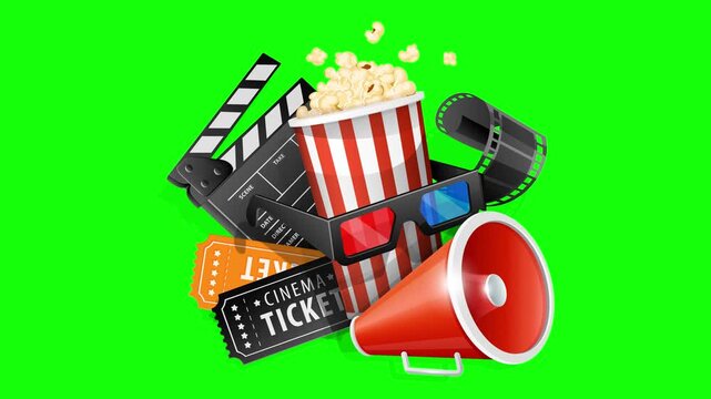 4K Animation movie tickets, popcorn, popcorn in a paper cup, loud speaker producer clapperboard. classic retro cinematography online cinema objects floating levitating on green screen background loop