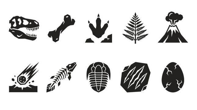 Geometric flat silhouette icon set of dinosaur fossils and ancient symbols  fossil skull  bone fragment  dinosaur footprint  ancient fern  volcano crater  meteor impact icon  primitive fish skeleton  