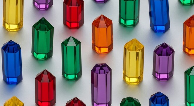 Colorful Faceted Gem Crystals Arranged in Repeating Pattern on White Background