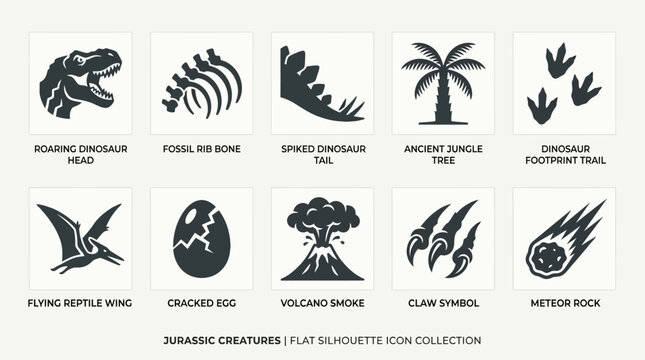 Modern flat silhouette vector icon collection inspired by Jurassic creatures  roaring dinosaur head  fossil rib bone  spiked dinosaur tail  ancient jungle tree  dinosaur footprint trail  flying reptil