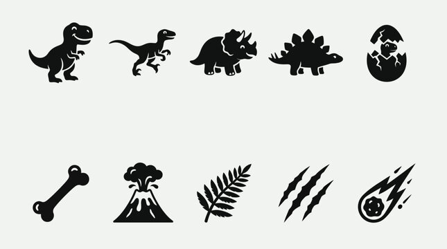 Flat black silhouette icon set with cute prehistoric dinosaur theme  smiling T-Rex  tiny raptor  chubby Triceratops  Stegosaurus back plates  dinosaur egg shell  bone fossil  lava volcano  tropical 