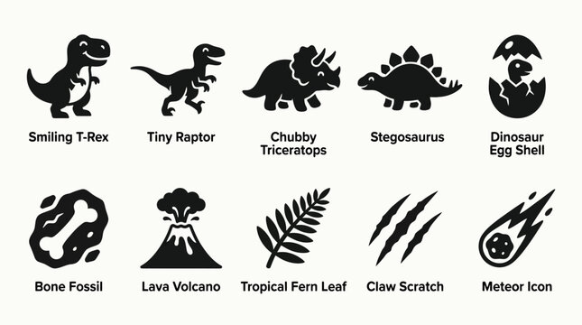 Flat black silhouette icon set with cute prehistoric dinosaur theme  smiling T-Rex  tiny raptor  chubby Triceratops  Stegosaurus back plates  dinosaur egg shell  bone fossil  lava volcano  tropical 