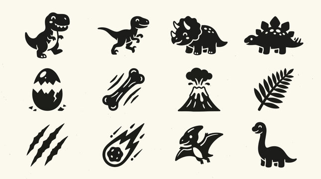 Flat black silhouette icon set with cute prehistoric dinosaur theme  smiling T-Rex  tiny raptor  chubby Triceratops  Stegosaurus back plates  dinosaur egg shell  bone fossil  lava volcano  tropical 