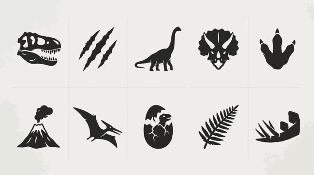 Simple prehistoric flat silhouette vector icons  dinosaur skull  raptor claw mark  long neck dinosaur  horned dinosaur face  fossil footprint  ancient volcano  flying reptile  cracked dinosaur egg  