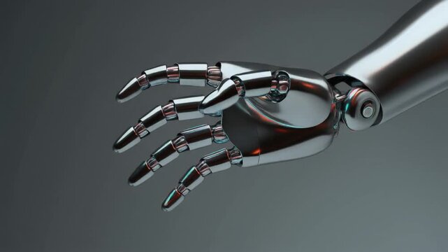 Metallic Futuristic Bionic Robot Hand Opening Palm in Welcoming Gesture Isolated on Clean Studio Dark Background