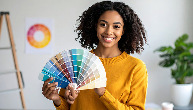 Woman holding a color swatch fan showing a variety of paint shades, interior design choice, home renovation idea