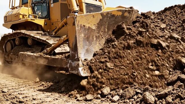 Yellow bulldozer pushing a massive pile of dirt on a construction site