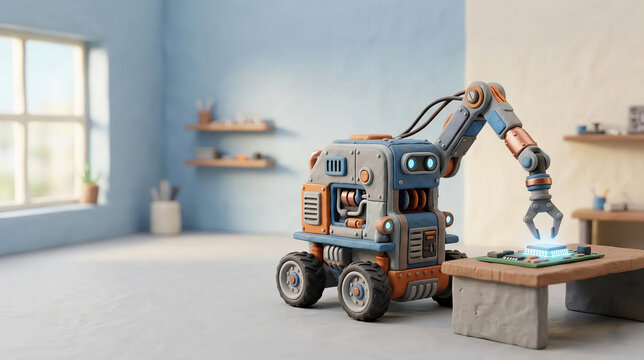 3D cly industrial robot assembling electronics in smart manufacturing workshop