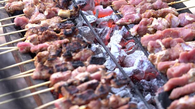 Closeup of delicious meat skewers being grilled over hot charcoal embers