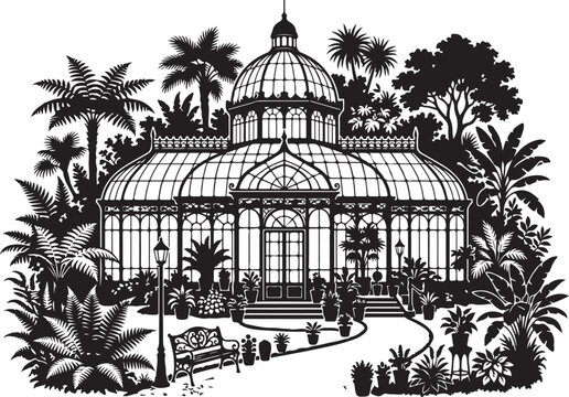 Black and white, vintage greenhouse, botanical garden, tropical plants, illustration