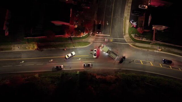 An aerial view captures a chaotic night in Beachville, Canada, where emergency services respond to a major car accident, showcasing the ongoing urgency and human impact of road incidents
