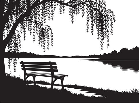 Black silhouette park bench, serene lake scene, willow tree landscape, vector illustration