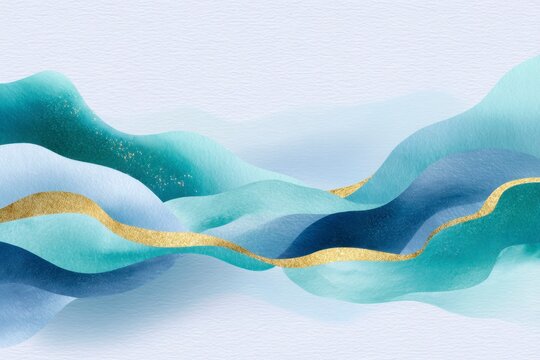 abstract ocean waves with gold accents, shades of blue and teal, textured brush strokes