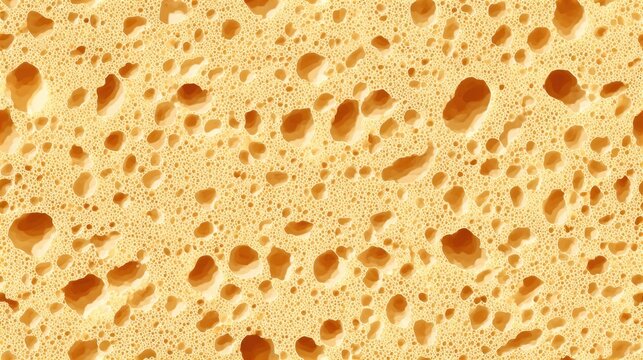 Close up of yellow porous sponge texture with holes and bubbles for cleaning, absorbent surface, household tool for washing and scrubbing in kitchen or bathroom.