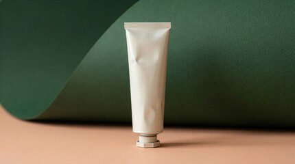 A blank white cosmetic tube stands upright on a peach surface against a curved dark green background. This modern, minimalist mockup is ideal for showcasing hand cream, skincare. © Studio Fiuza