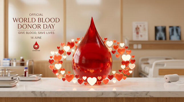 World Blood Donor Day A compelling 3D illustration featuring a prominent red blood drop encircled by glowing hearts, emphasizing the vital importance of blood donation and saving lives