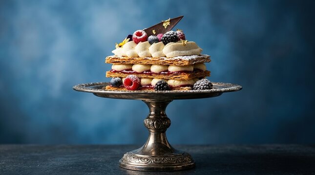 Gourmet mille feuille pastry with vanilla cream and fresh berries on silver cake stand against blue textured background showcasing French dessert culinary excellence.