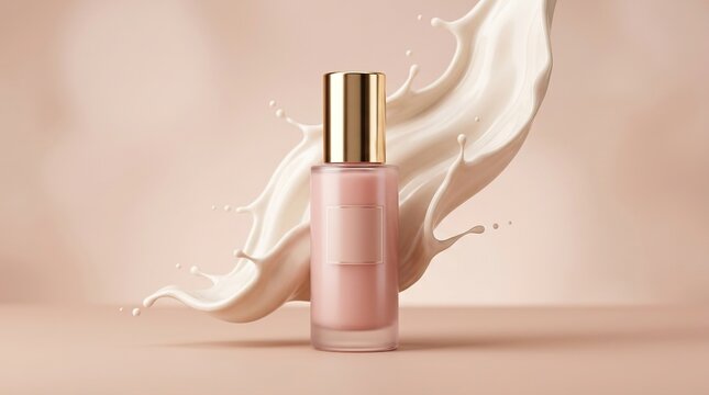 Pink cosmetic bottle surrounded by elegant milk splash creating dynamic liquid motion in professional studio setting for luxury skincare brand product advertisement.