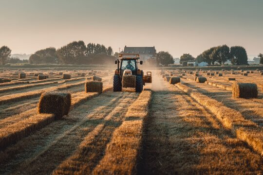 Rural Field Work: Tractor Collecting Hay into Stacks at Golden Hour