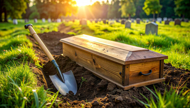 Wooden coffin on a dug grave, shovel in the dirt, closeup. AI