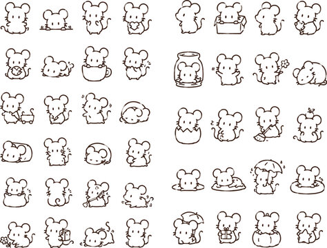 Collection of Cute Hand-Drawn Mouse Illustrations in Various Poses and Activities.