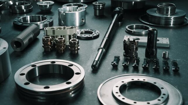 Precision machined metal components and industrial hardware arranged on a dark workshop surface, showcasing bearings, flanges, shafts, bushings, and fasteners prepared for assembly and quality