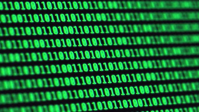 Green binary numbers loop animation with blurred monitor effect. Abstract digital technology background for programming, cyber security, communication, and futuristic concepts.