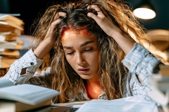 Young woman with curly hair feeling stressed and overwhelmed while studying late at night with books.