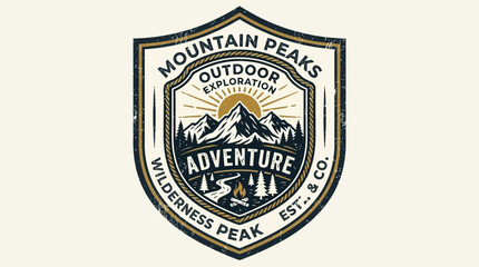 Fototapeta premium Vintage emblem depicting mountain peaks and a river, symbolizing outdoor adventure and exploration