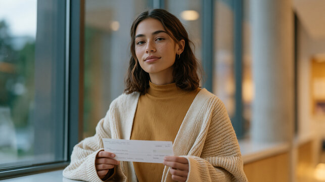 Undergraduate holding financial aid refund check beside university bursar office window, tuition debt reality, September semester billing, higher education cost, student financial stress, college af