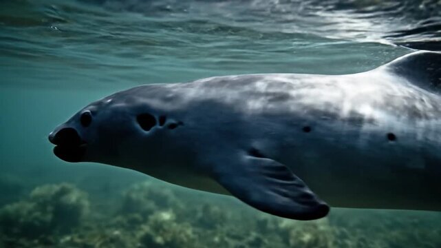 An endangered vaquita, a rare marine mammal, swims near the surface of a murky sea.