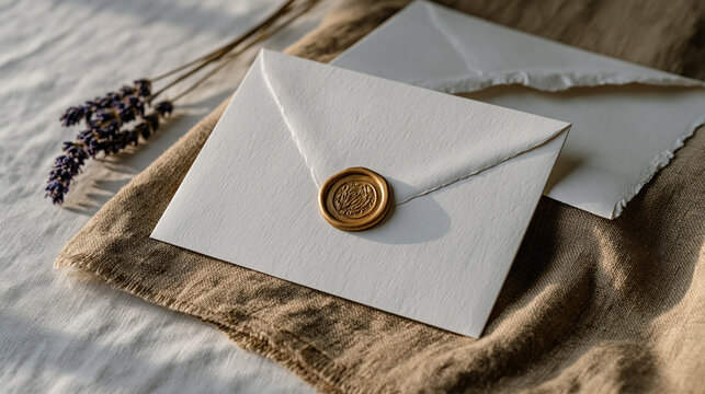 Single white wedding invitation card with wax seal resting on natural linen texture, dried lavender stem and raw-edge envelope visible against sterile white background surface, minimal editorial pro