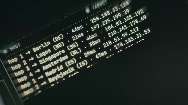 Network monitoring tool listing traceroute hops to worldwide destinations