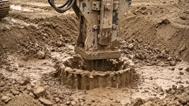 Heavy duty vibratory hammer driving piles into muddy construction site ground for infrastructure development