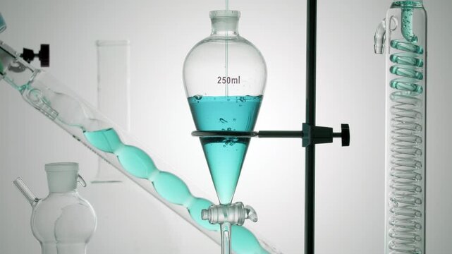 Lab set with cyan liquid poured in a thin stream into a separatory funnel, filling a bulb lab condenser and flowing down a glass coil of distillation apparatus on grey ramp bg | Fragrance formulation