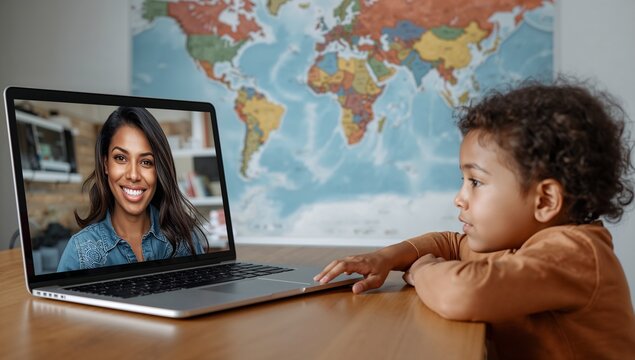 Child Watching Virtual Classroom on Laptop with World Map Background