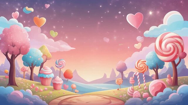 Colorful Fantasy Candy Land Animation Background with Sweet Cupcakes Trees Lollipops and Heart Balloons