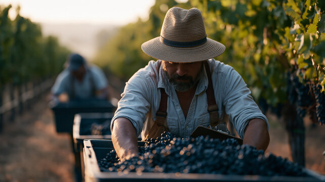 Outdoor September vineyard harvest crew hand-picking grapes into collection bins along trellised rows, morning mist rising between vine corridors, farm supervisor with clipboard counting filled cont